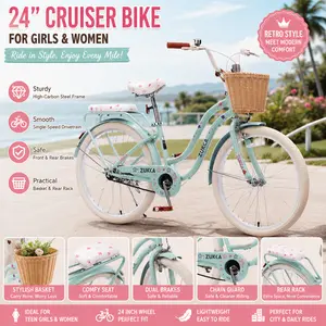 Elon Girls Cruiser Bike 24 Inch Single Speed Beach Cruiser Bicycle with Wicker Basket and Rear Rack High Carbon Steel Frame Comfort City Bike Retro Vintage Commuter Bicycle for Teen Girls Women Outdoor Riding