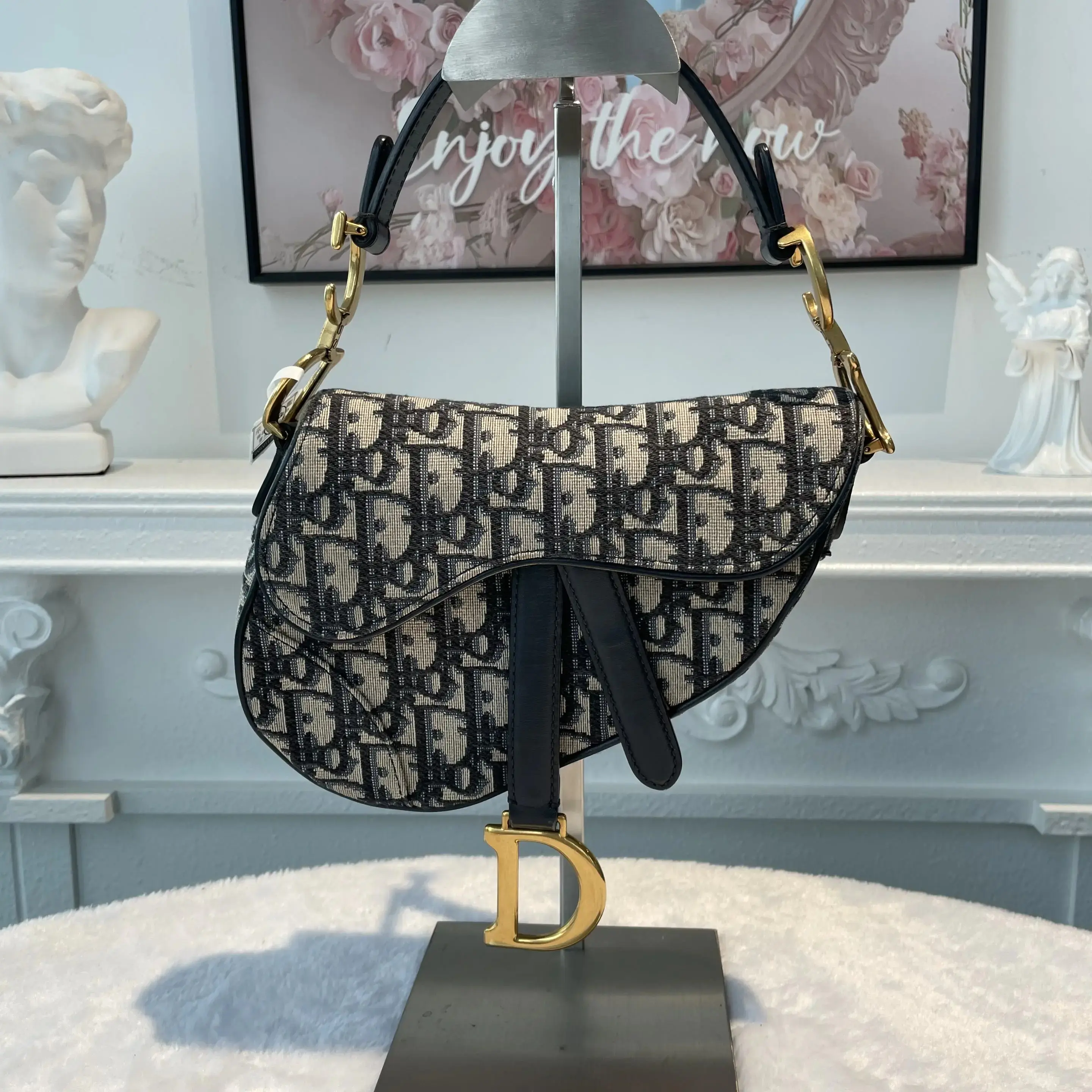 Pre-owned Dior Oblique Canvas Shoulder Bags BJ1101904095 Mini Saddle Blue Oblique Shoulder Bag