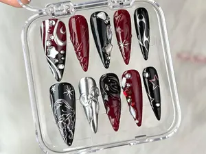 Luxury Black 3D Press On Nails | Red Press On Nails Unique Design | Nail Art | Y2k Nails | Acrylic Nails, Nails press on |Gift for her