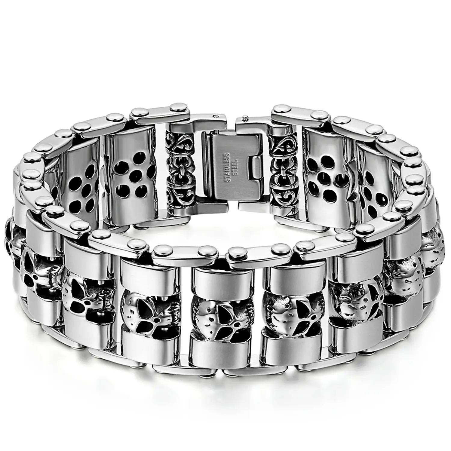 OIDEA Ultra-Heavy Gothic Style Male Skull Bracelet for Bikers, 23mm Wide High-Grade Stainless Steel Dark Aesthetic Bracelet & Bangle, 0.128kg Dual-Tone Gold-Polished Silver Push-Button Clasp, Heavy Metal Fans, Skull Motif, Dark Aesthetic Bracelets & Bangl