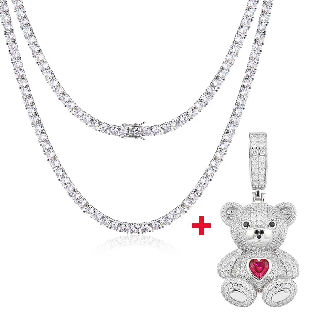 【#P696+N11】 2 pieces, Heart-shaped Bear Pendant with Tennis Chain, Christmas gift, New Year's, Valentine's Day, Mother's Day gift Lovely Bear Pendant UCCIYO Lab-Created Moissanite S925 Sterling Silver Moissanite Pendant Necklace