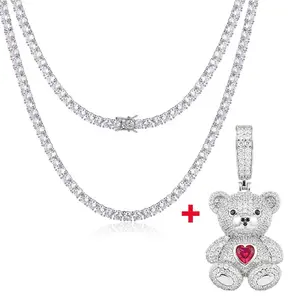 【#P696+N11】 2 pieces, Heart-shaped Bear Pendant with Tennis Chain, Christmas gift, New Year's, Valentine's Day, Mother's Day gift Lovely Bear Pendant UCCIYO Lab-Created Moissanite S925 Sterling Silver Moissanite Pendant Necklace