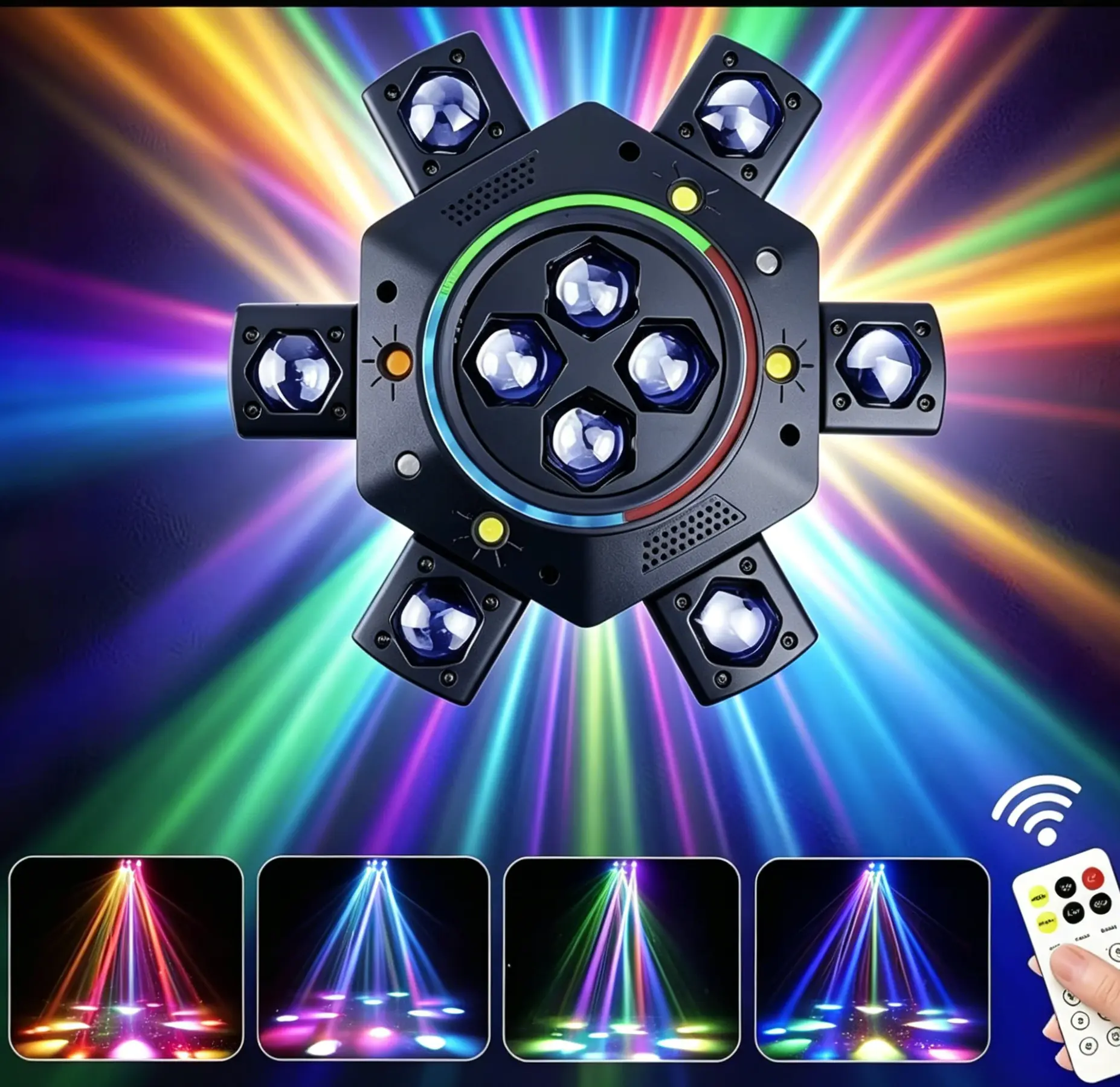 6 Arms DJ Party Light-150W RGBW Moving Head Stage Light with Laser, Strobe & Bee-Eye, DMX 512 & Sound Activated, Multicolor Led Lighting, Rainbow Led Light, Vibrant Rgb Lighting