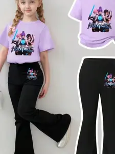 Girls' K-Pop Style Clothing Set, Korean Logo Print Short Sleeve T-Shirt & Bell Bottom Pants, Soft Breathable Casual Wear, Outdoor