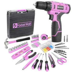 【Father's Day Gift】FADAKWALT 12V Pink Cordless Drill Set, 118PCS Electric Drill Driver & Household Tool Kit Set with DIY Screwdriver, LED Light, 180 in-lbs Torque for Home Maintenance, Portable Power Tools for Wood