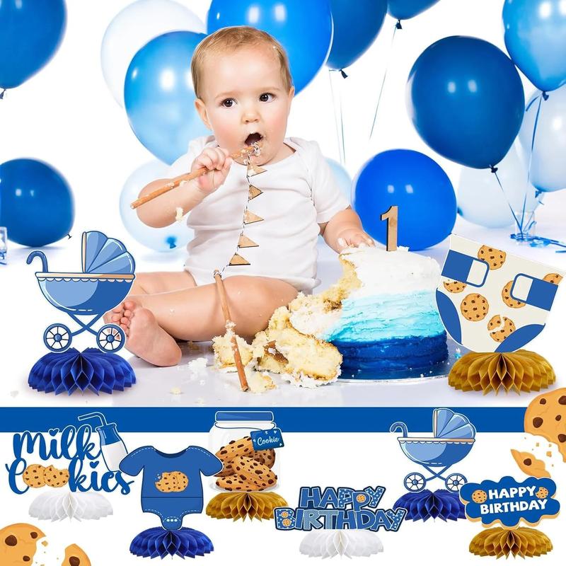 12 Pcs Milk Cookies Baby Shower Honeycomb Centerpieces Blue Milk and Cookie Happy 1st Birthday Party Photo Booth Props for Gender Reveal Party Table Decor