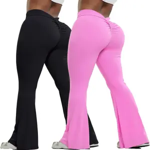 Women's Flattering High-Waist Bootcut Yoga Pants Slimming V-Back Design Booty Lifting Tummy Control Leggings Flare Leg Sport Legging Stretch Seamless Yoga Black & Pink