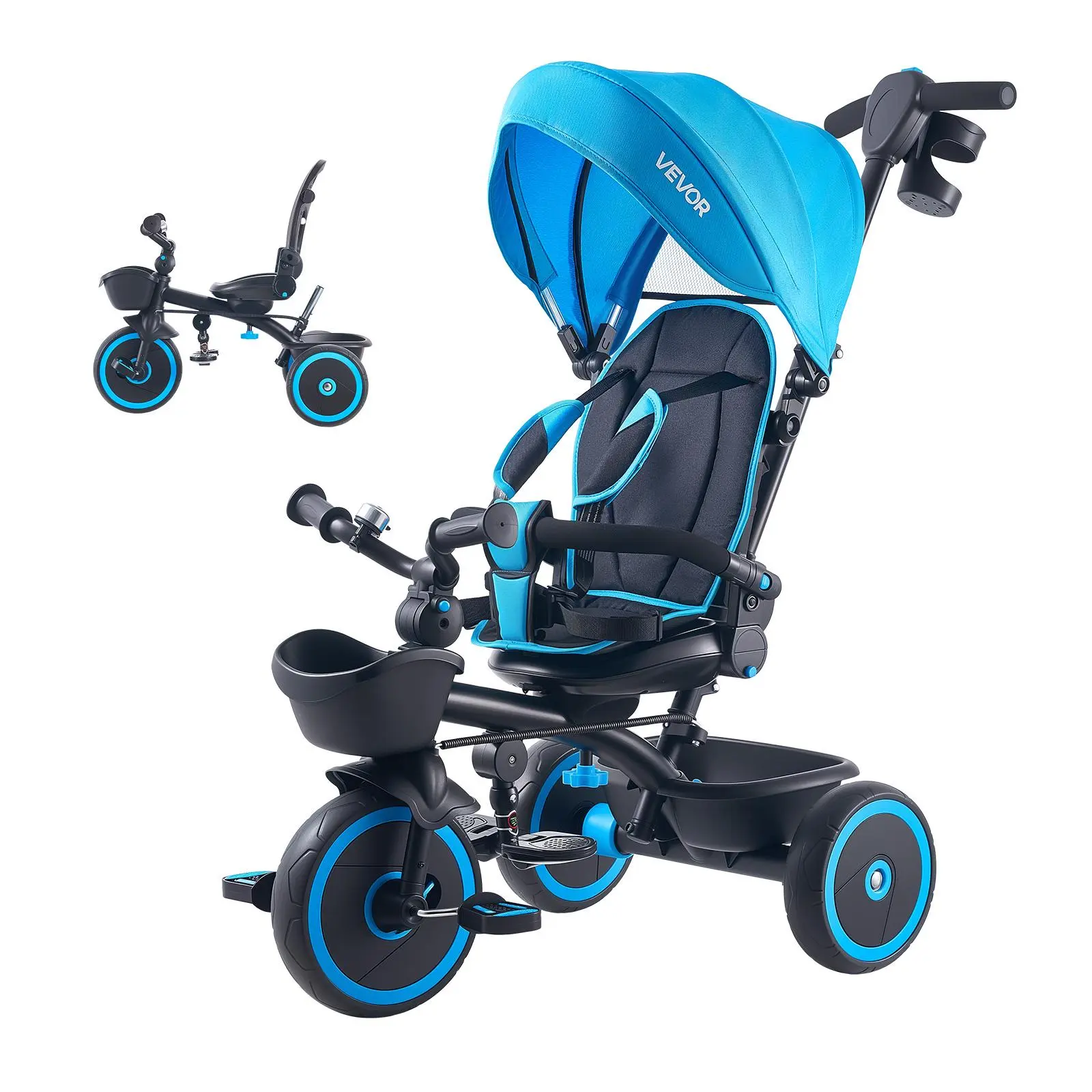【toolupgrade】VEVOR Toddler Tricycle & Stroller for 1-5 Year Old, 6-in-1 Kids Trike with Parent Push Handle, Canopy, Adjustable Seat and Storage, Tricycle for Toddlers, Birthday Toy for Boys and Girls, Blue/Black