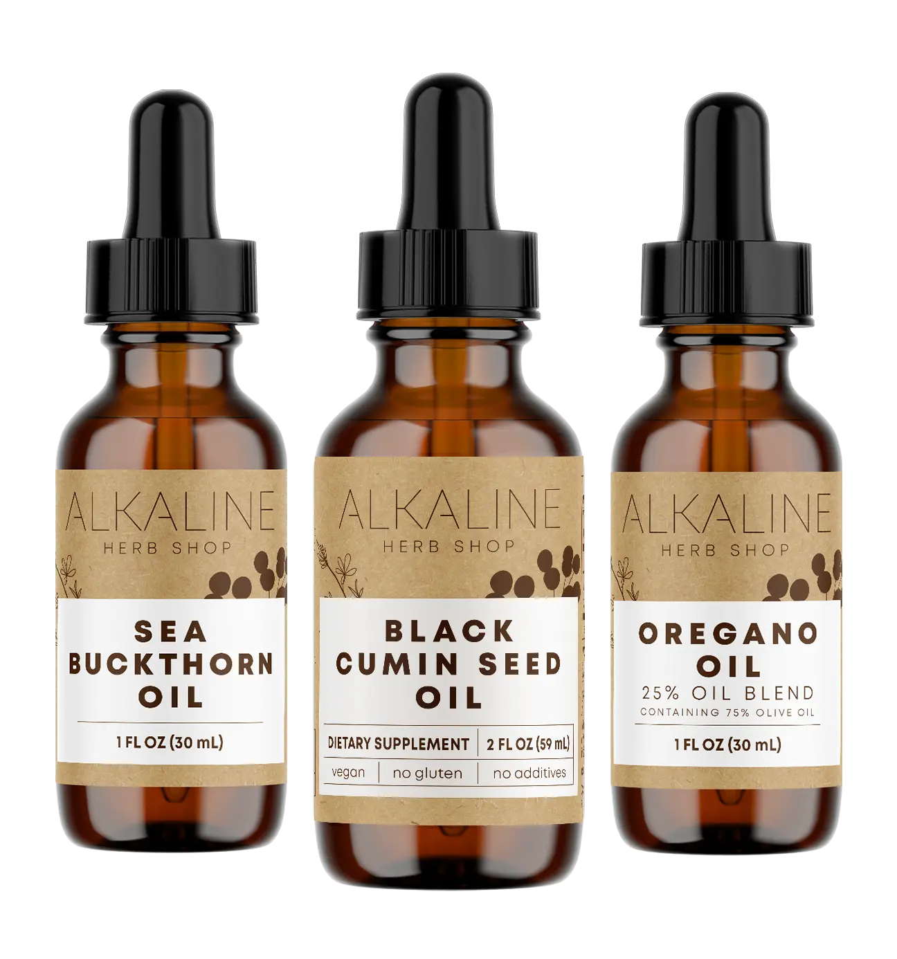 Oil Bundle - Black Seed Oil (Black Cumin Seed Oil), Oregano Oil, and Sea Buckthorn Oil