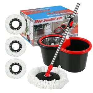 Spin Mop And Bucket With Wringer Set, 360° Mop And Bucket System With 3 Microfiber Mop Refills And 61" Extended Handle For Floor Cleaning Black Plastic Adjustable Rubber
