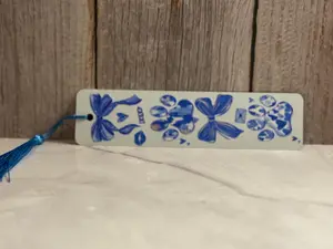 Blue dog paw and ribbons metal double sided bookmark