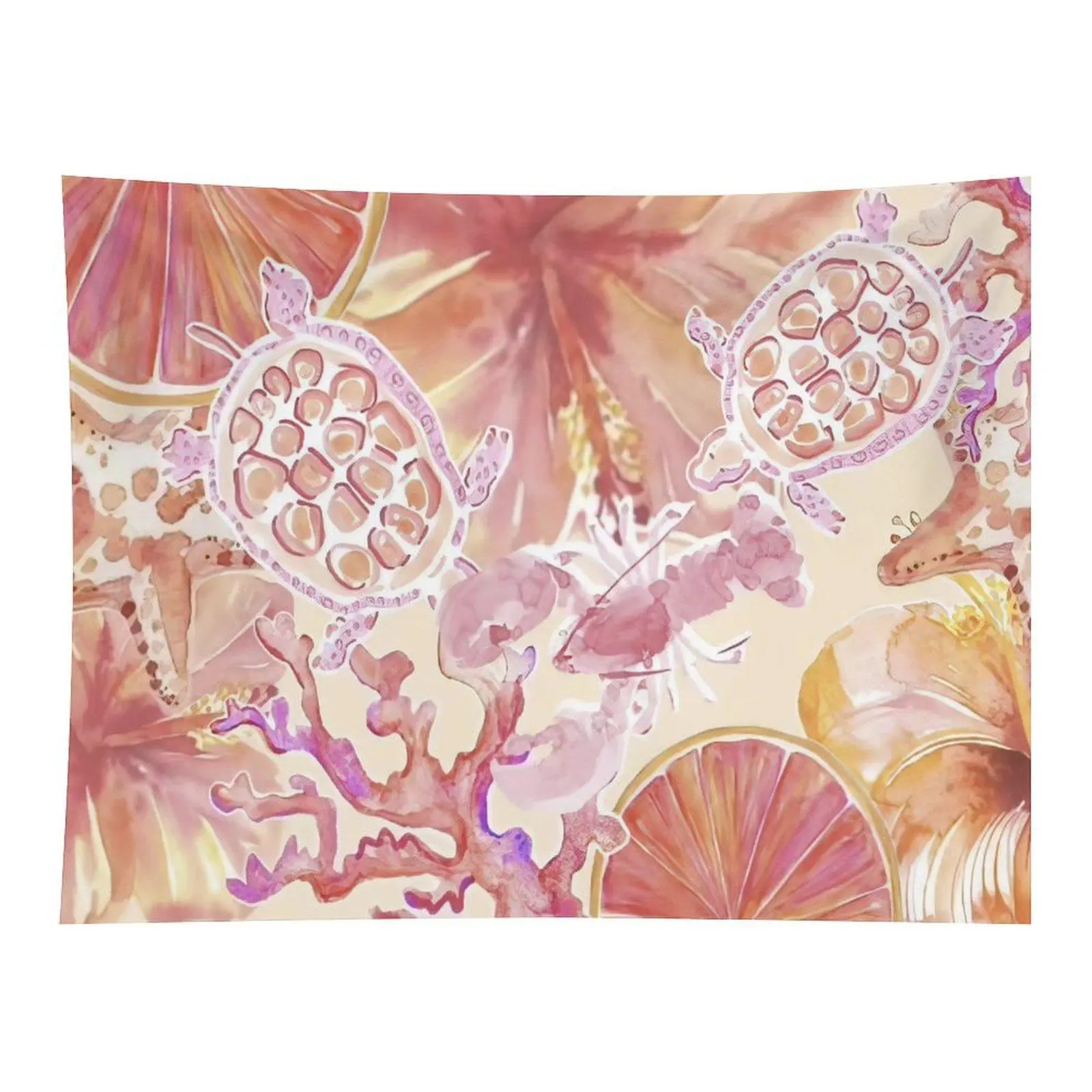 Soft Watercolor Pink Sea Turtle Coral Lobster Tropical Grapefruit Slice Beach Ocean Seamless Pattern Wall Tapestry For Girls Bedroom Summer Beach House Decor