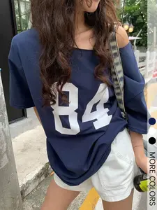 Women's Number Print Asymmetrical Neck Tee, Casual Drop Shoulder Half Sleeve T-shirt Top for Daily Wear, Ladies Clothes for All Seasons