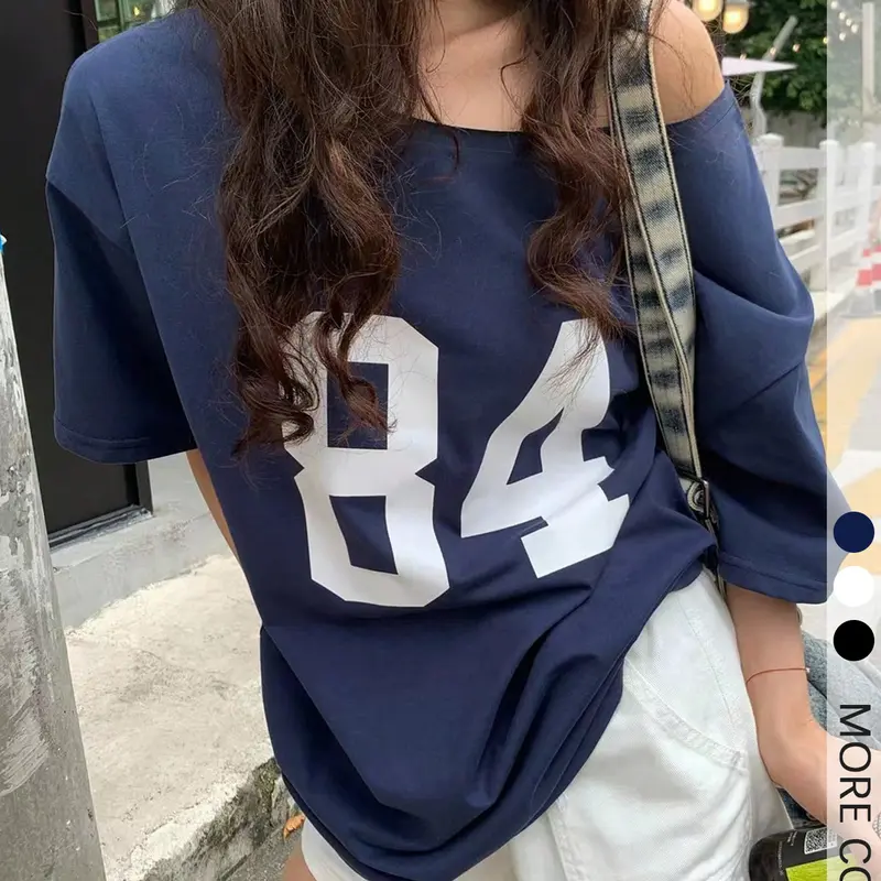 Women's Number Print Asymmetrical Neck Tee, Casual Loose Drop Shoulder Half Sleeve Summer Loose Fit T-shirt for Daily Wear, Ladies Clothes for All Seasons, Top, Womenswear