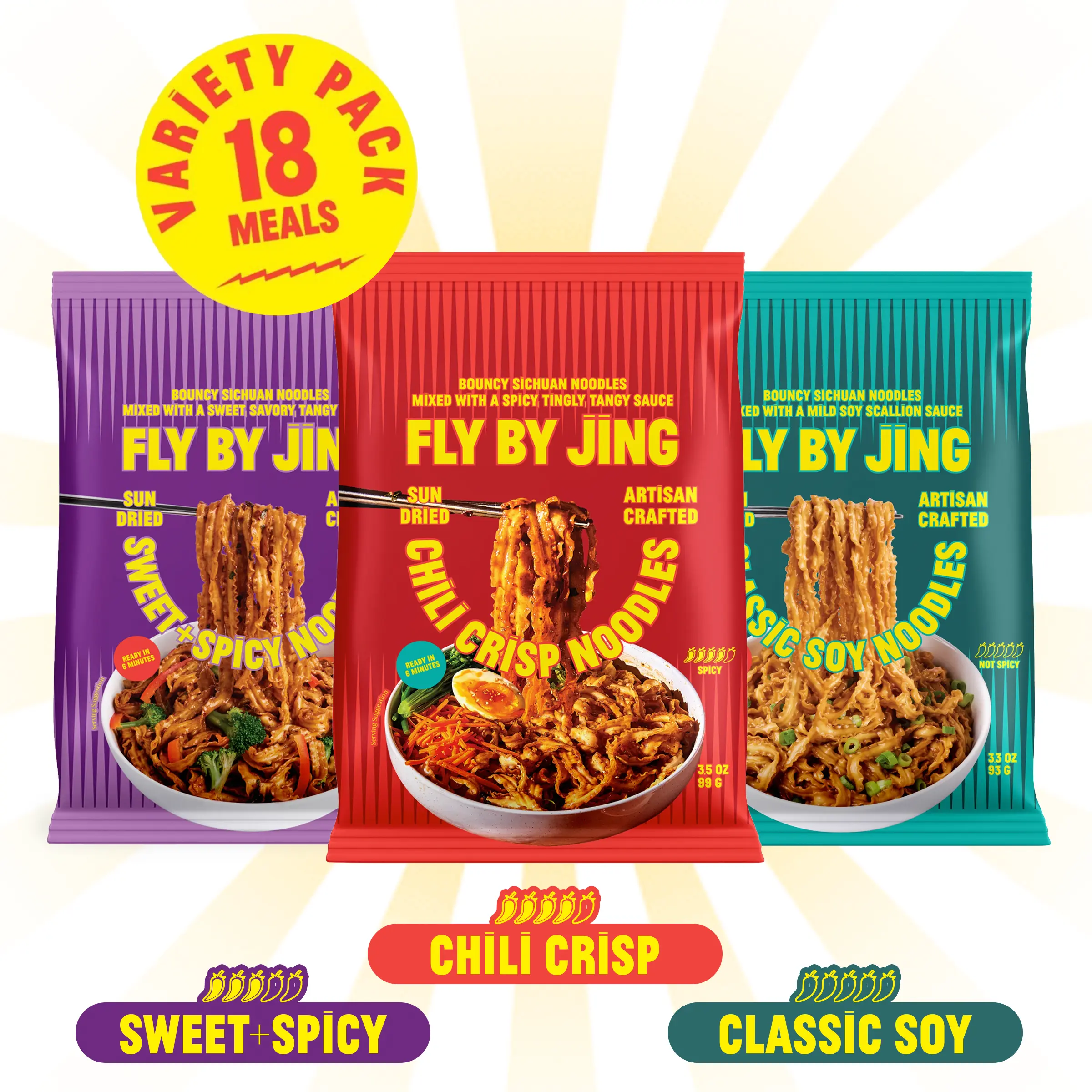 Fly By Jing Instant Noodles 18-Pack – Chili Crisp, Sweet + Spicy & Classic Soy, 12g Protein, Ready in 6 Minutes (Variety Pack)
