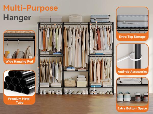 Wardrobe Closet,Portable Clothes Racks for Hanging Clothes, Free Standing Closet with 6 Tier Shelves, Closet Organizers and Storage Rack for Cloakroom, Bedroom, 80.7 x 15.6 x 77 Inches