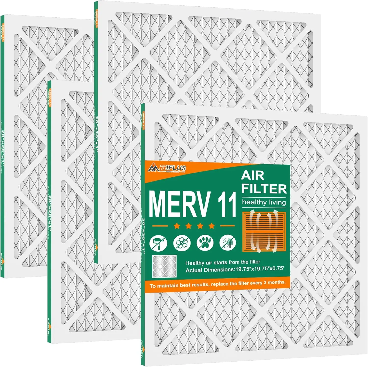 MIFLUS 20x20x1 HVAC Furnace Air Filter, MERV 11, 4-Pack Durable Long-Lasting, 2x Surface Area, Instant Installation, Eco-Friendly Allergen Trapping Household Appliance Part