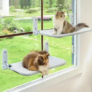 2PC Cat Window Hammock, Wireless Foldable Cat Hammock, Equipped with Metal Frame and Reversible Cover, Indoor Cat Window Rest Seat with Large Suction Cups (Cat Bed, M-2PC)