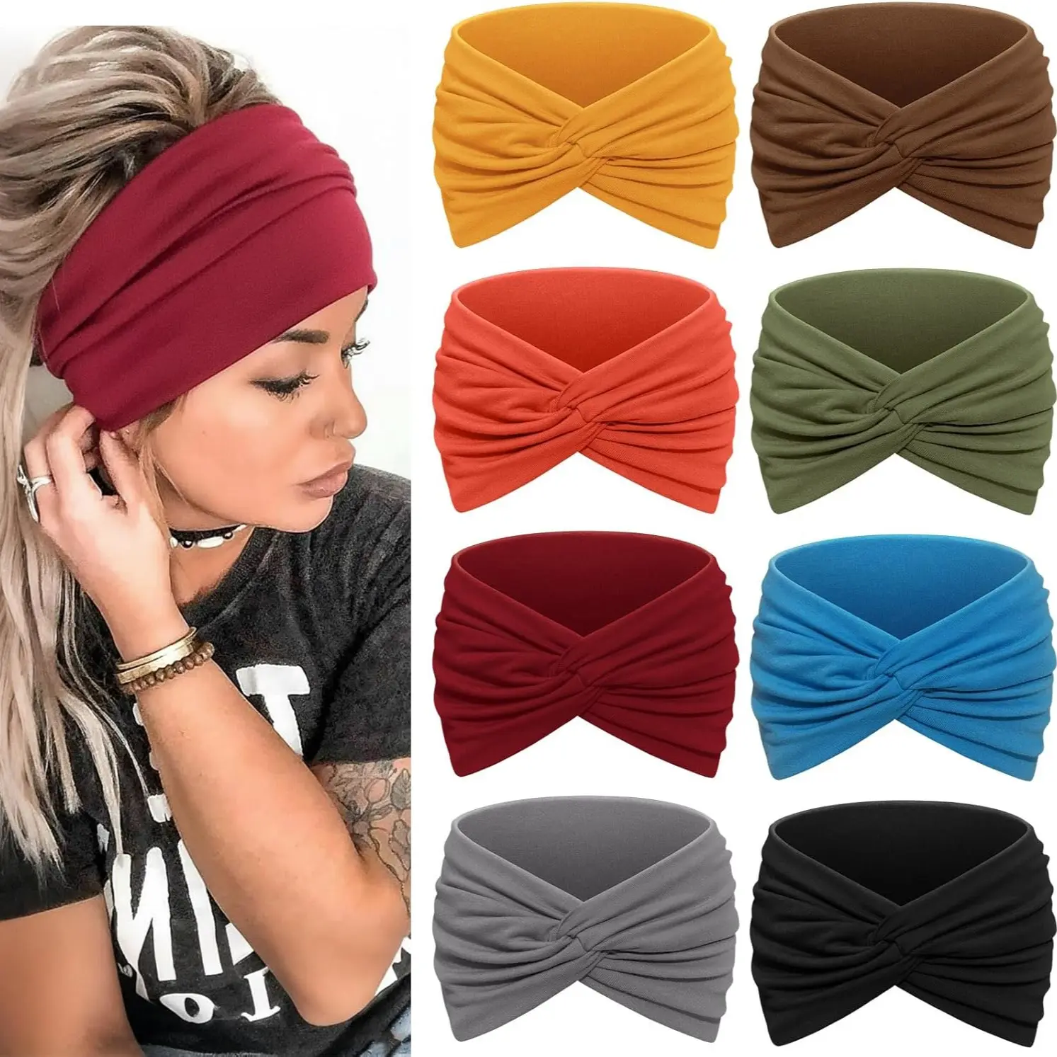 8PCS Women's Fashion Hairbands, Boho Retro Solid Color Hairbands, Sport Headbands, Workout Headbands, Sweat-Wicking Hairbands for Yoga, Running, and Daily Wear.