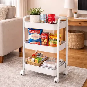 3-Tier Durable Metal Utility Rolling Heavy Duty Carbon Steel Cart, Multi-Functional Storage Trolley for Office, Living Room,Kitchen Storage Cart With Handle, Movable Storage Organizer Cart With Caster/Lockable Wheels And Double Armrest,easy assembly