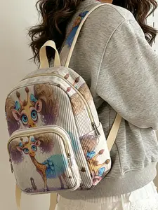 1 piece of dancing giraffe pattern 2D printed lady's backpack, velvet texture + layered storage + light weight reduction | perfect for students to go to class/shopping/short trips | combines atmosphere with practicality