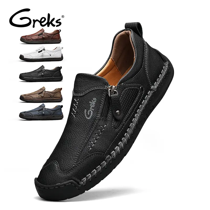 GREKS Men's Flat Soft Lightweight Loafers, Low Top Slip-On Casual Shoes with Side Zipper & Hand-Stitched Design, Urban Leisure Driving Commuting Footwear