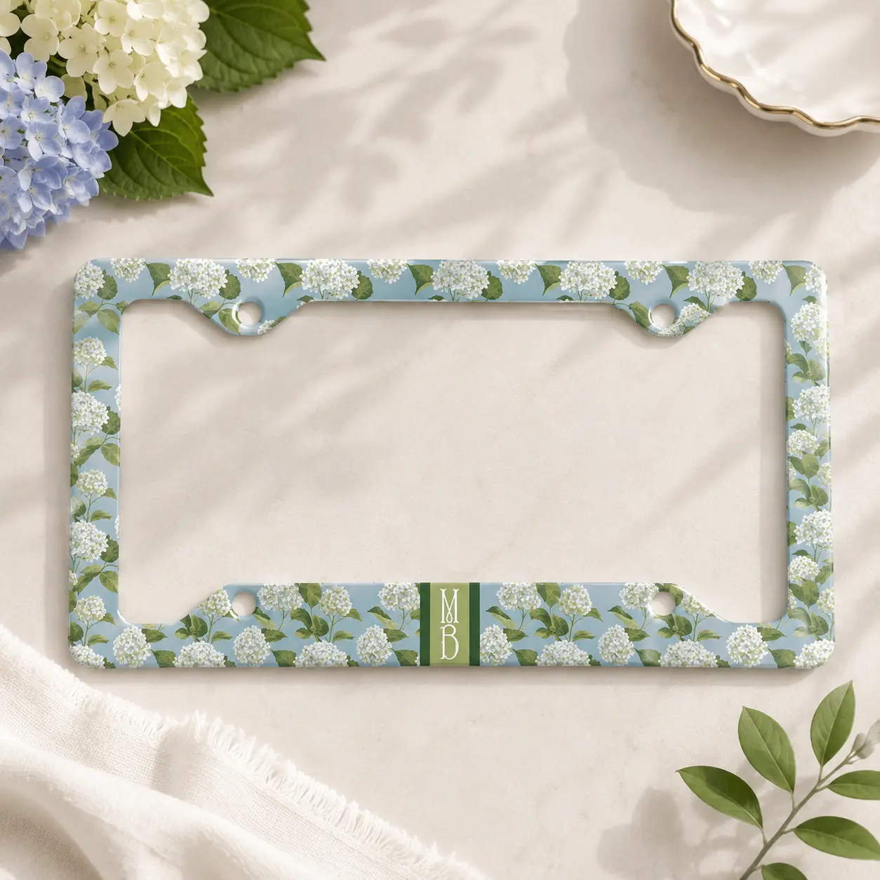 Personalized Hydrangea Floral License Plate Frame, Custom Monogram Car Frame, Custom Name Auto Accessory, Botanical Gift for Her