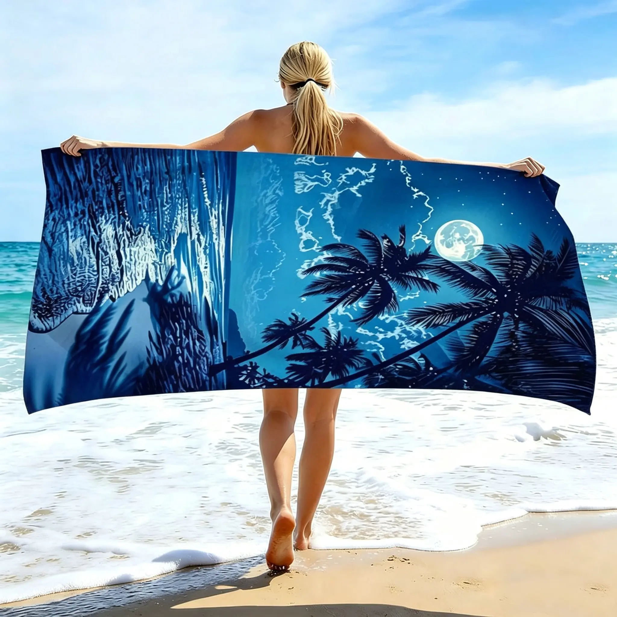 Moonlit Coconut Tree Print Beach Towel, Microfiber, Absorbent & Quick Dry, Sand-Free, Oversized. Multi-use for Beach, Pool, Spa, Travel & Golf, also works as a portable blanket.