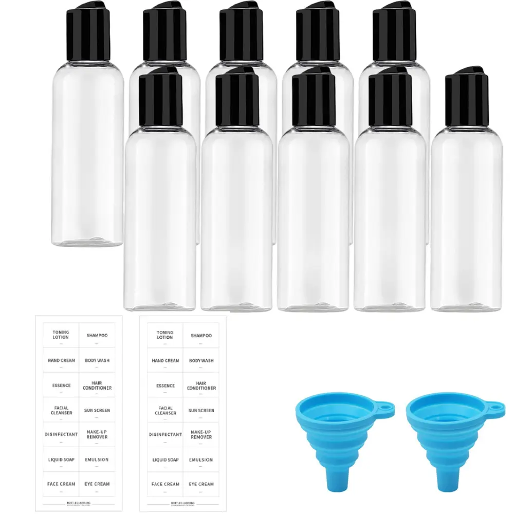 10-Piece Simple Plastic Refillable Travel Squeeze Bottle Set, Leakproof Container with Black Lid, Label & Funnel, Portable Wash Bottle for Shampoo, Conditioner