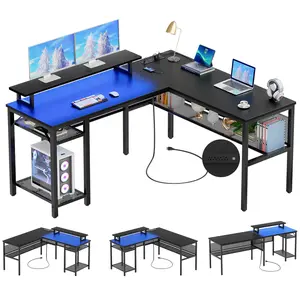 Homieasy L Shaped Computer Desk with Magic Power Outlets and Smart LED Light, Reversible 55 Inch Corner Office Desk with Monitor Stand, Unique Grid Design, Gaming Table with Storage