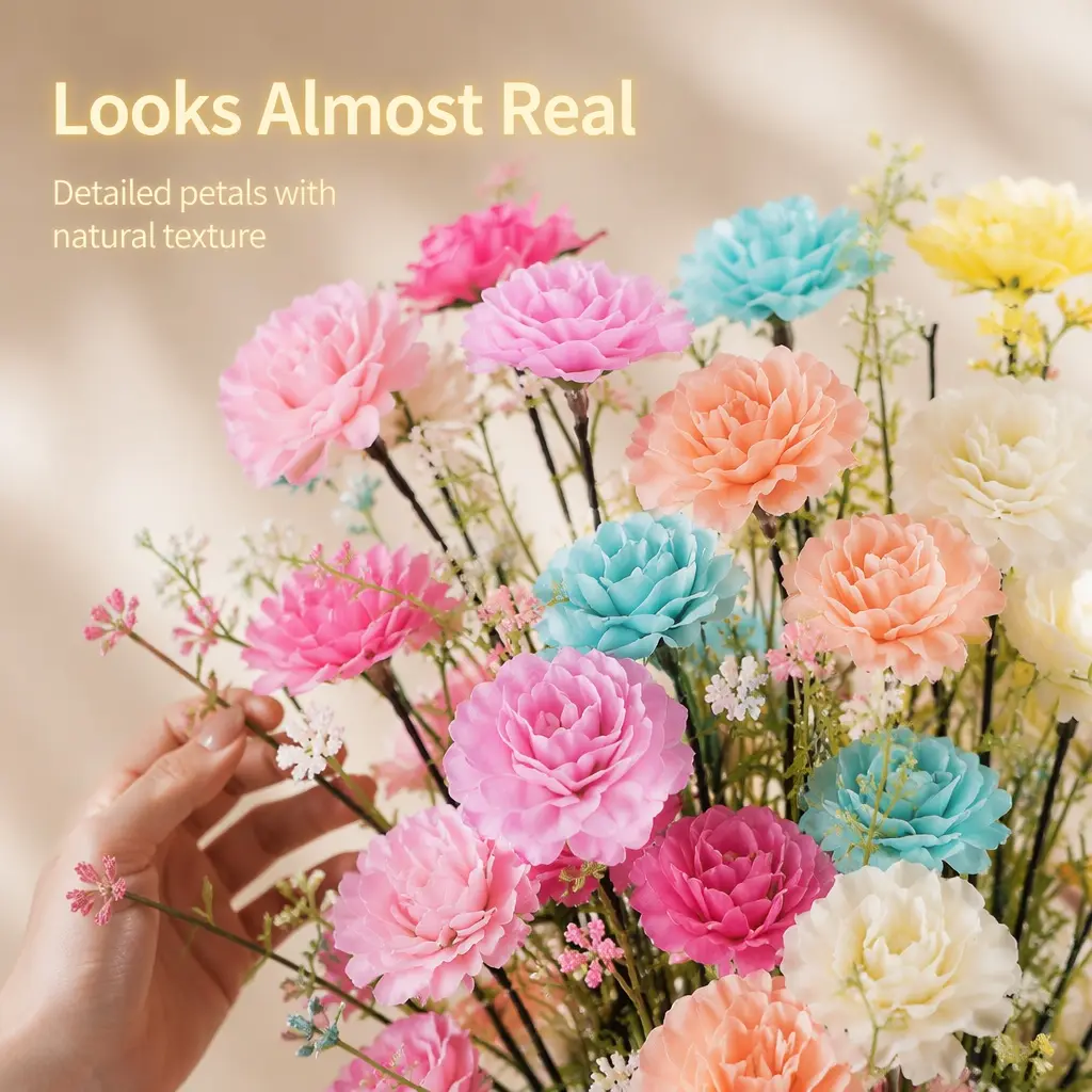 Artificial Peony Bouquets 12-Pack Pastel Faux Flowers with Bendable Stems, Silk Carnations, and Baby's Breath – Realistic No-Maintenance Floral Arrangements for Wedding Centerpieces, Farmhouse Vases, and Home Decor