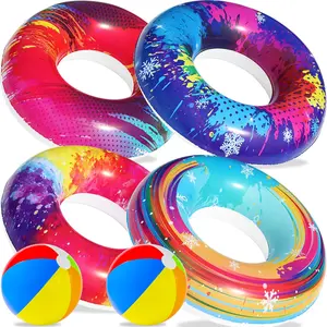 Summer 6PCS Big Pool Floats Tubes: Inflatable Pool Floats Swimming Rings with Beach Balls - Brightly Colored Pool Floaties Party Toys, Pool Toys for Kids Adults