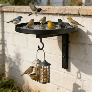 Wall-Mounted Metal Bird Bath with Feeder Hook, Durable Outdoor Bird Bath for Garden, Patio, Fence, Easy Installation, Suitable for Wild Birds, Bird Supplies