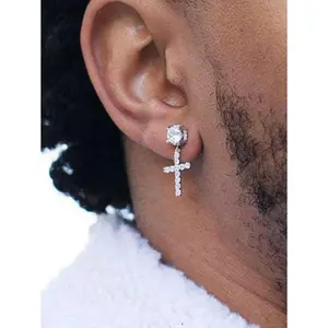 1pair Fashion Punk Silver Color Cross Stud Earrings Hip Hop White Rhinestone Jewelry Piercing Studs For Men Couple Ear Accessories