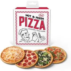 Fred HOT & Fresh Pizza Coasters – Set of 4 Realistic Pizza-Themed Drink Coasters, MDF & Cork, Fun and Functional Table Protection, Packed in a Mini Pizza Box – Great Gift Idea Lifetime Brands Inc.