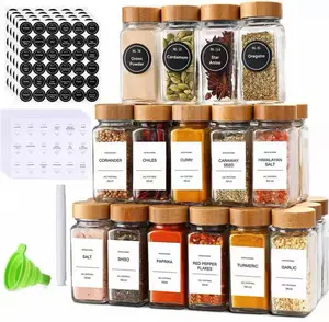 12pcs 40oz   jar Square Seasoning Canisters, Pepper Powder Bottles 120ml Bamboo/Wood/Glass Condiment Jars Set Kitchen Spice
