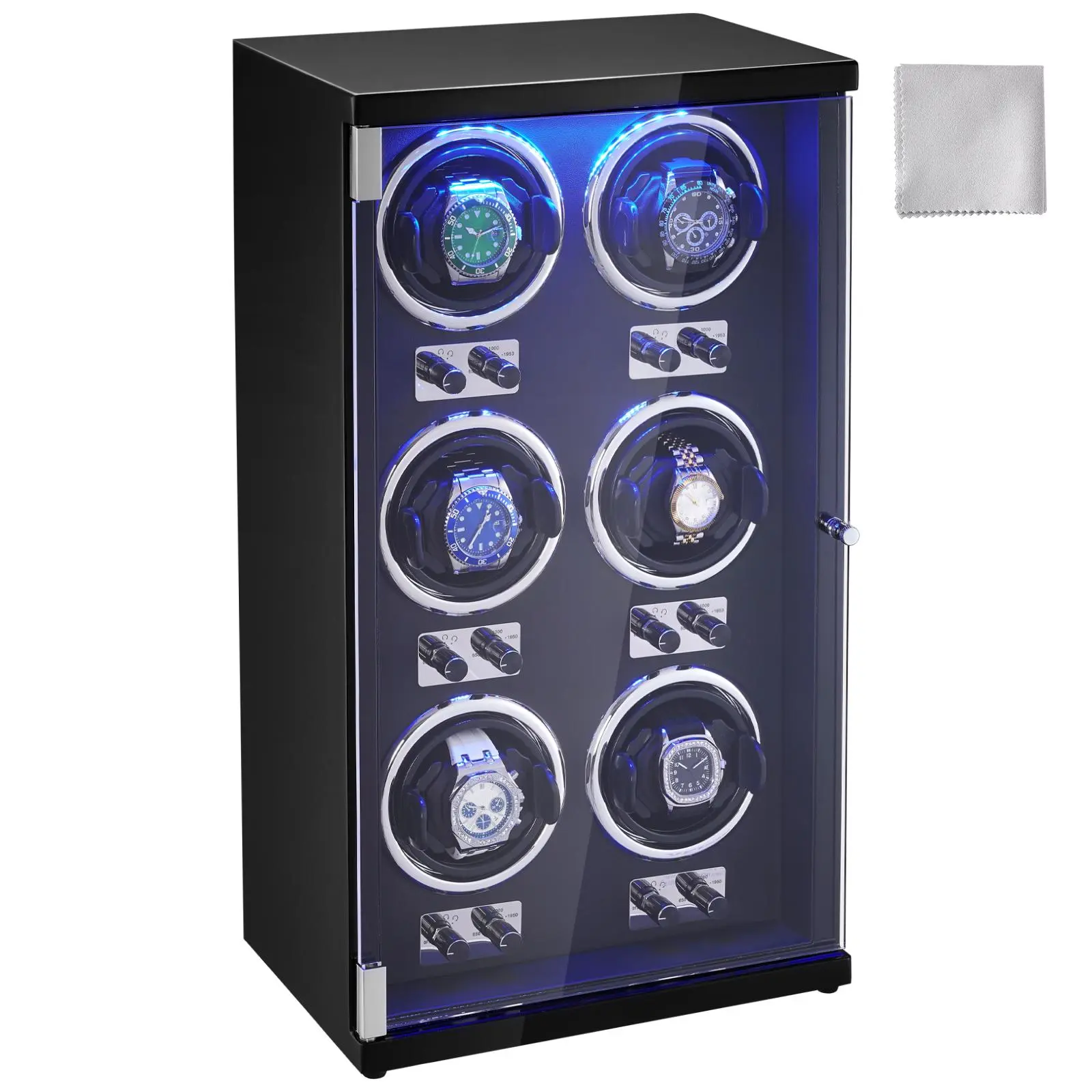 【Backtoschool】VEVOR Watch Winder, Watch Winder for 6 Men's and Women's Automatic Watches, with 6 Super Quiet Japanese Mabuchi Motors, Blue LED Light and Adapter, High-Density Board Shell and Black PU