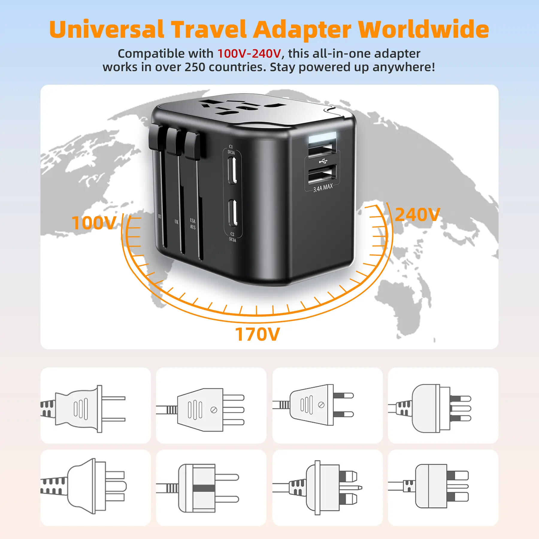 Universal Travel Adapter with 2 USB-C & 2 USB-A Ports, Worldwide Plug Adapter for US, EU, UK & AUS