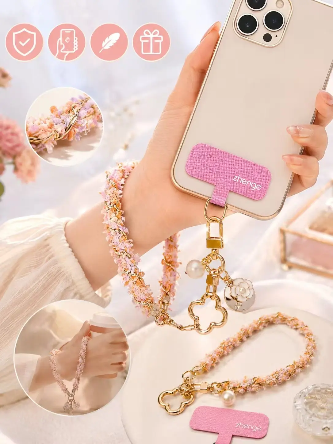 Floral Tweed Phone Wrist Strap – Chic Pearl Charm Hand Strap for Smartphones | Universal Phone Lanyard | Cute Wristlet Keychain Accessory Flower Grip