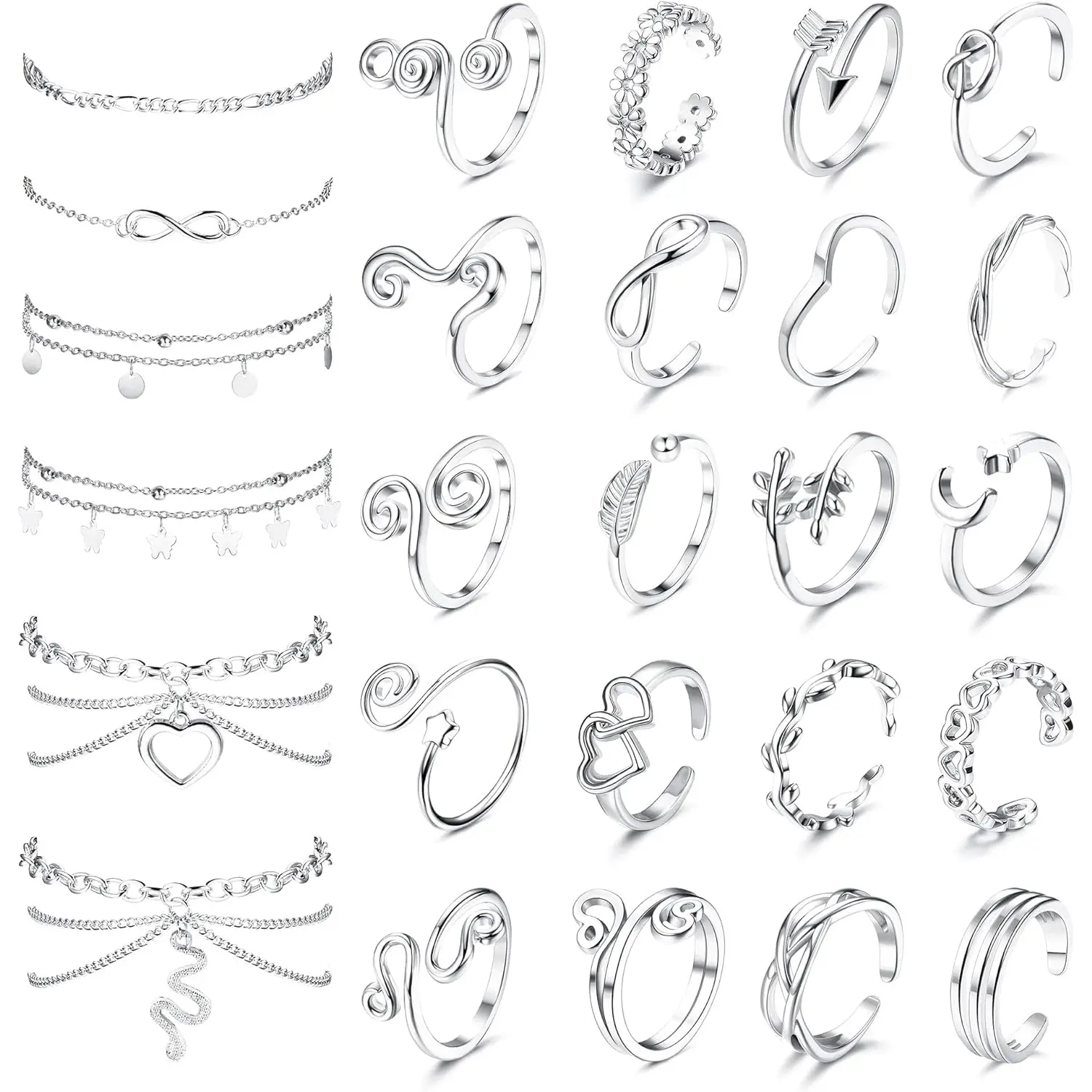 MILACOLATO Toe Rings and Ankle Bracelets for Women Silver Rose Plated Gold Anklet Toe Rings Cute Layered Anklets Open Tail Rings Adjustable Beach Foot Jewelry for Summer, Beach Wear, Female summerwins