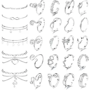 MILACOLATO Toe Rings and Ankle Bracelets for Women Silver Rose Plated Gold Anklet Toe Rings Cute Layered Anklets Open Tail Rings Adjustable Beach Foot Jewelry for Summer