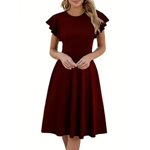 Elegant Spring/Summer Cocktail Midi Dress - Geometric-Pattern, Ruffle Sleeves, Machine-Washable