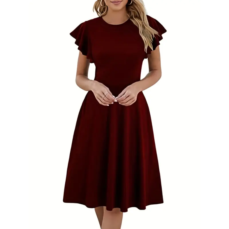 Elegant Spring/Summer Cocktail Midi Dress - Geometric-Pattern, Ruffle Sleeves, Machine-Washable