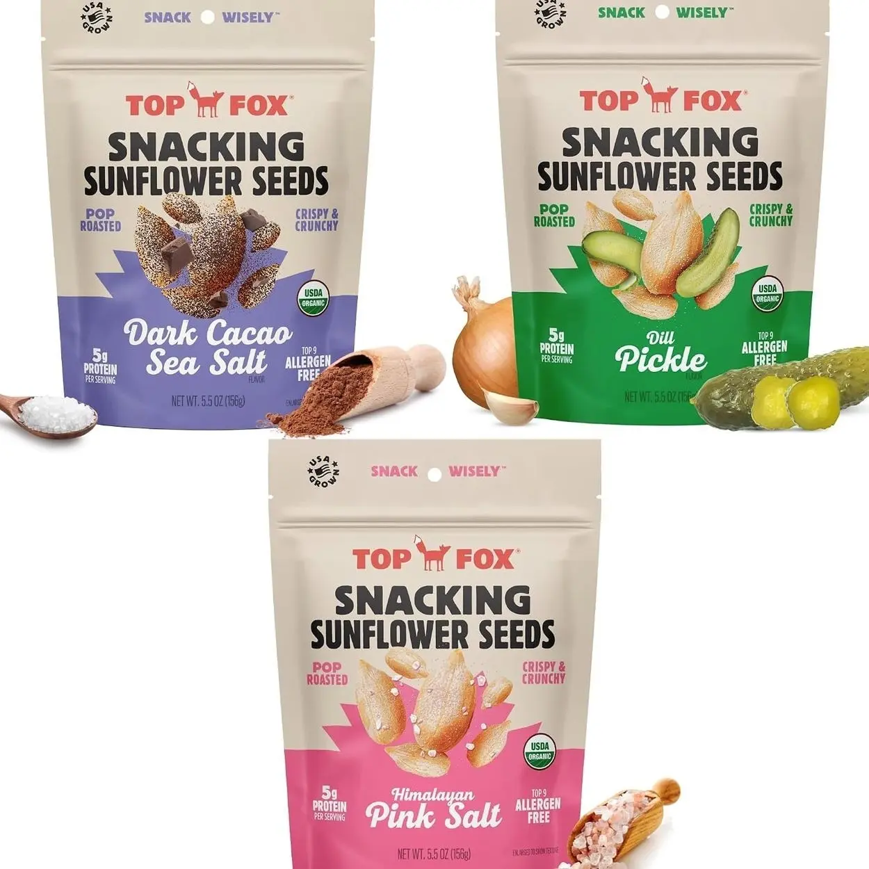 Top Fox Snacks Sunflower Seeds To Eat (Himalayan Salt, Dark Cacao Salt & Sea Salt, Dill Pickle Variety, 5.5 oz, Pack of 6) – Keto Friendly Snacks, Gluten Free Snacks, Protein Snacks, & Vegan - Organic