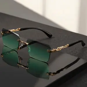 Unisex Luxury Frameless Black And Golden Sunglasses with Leopard-Decorated Arms - UV400 - Narrow Rectangular Lens - Includes Protective Case And Cleaning Cloth - High-End Gift for Men And Women - Stylish Eyewear for Driving, Travel, And Parties