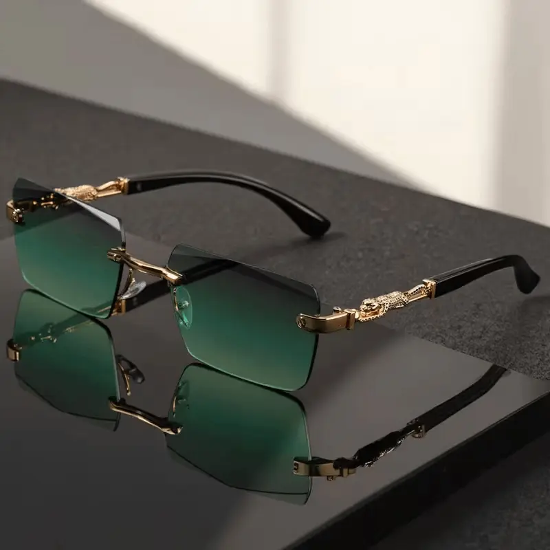 Unisex Luxury Frameless Black And Golden Sunglasses with Leopard-Decorated Arms - UV400 - Narrow Rectangular Lens - Includes Protective Case And Cleaning Cloth - High-End Gift for Men And Women - Stylish Eyewear for Driving, Travel, And Parties