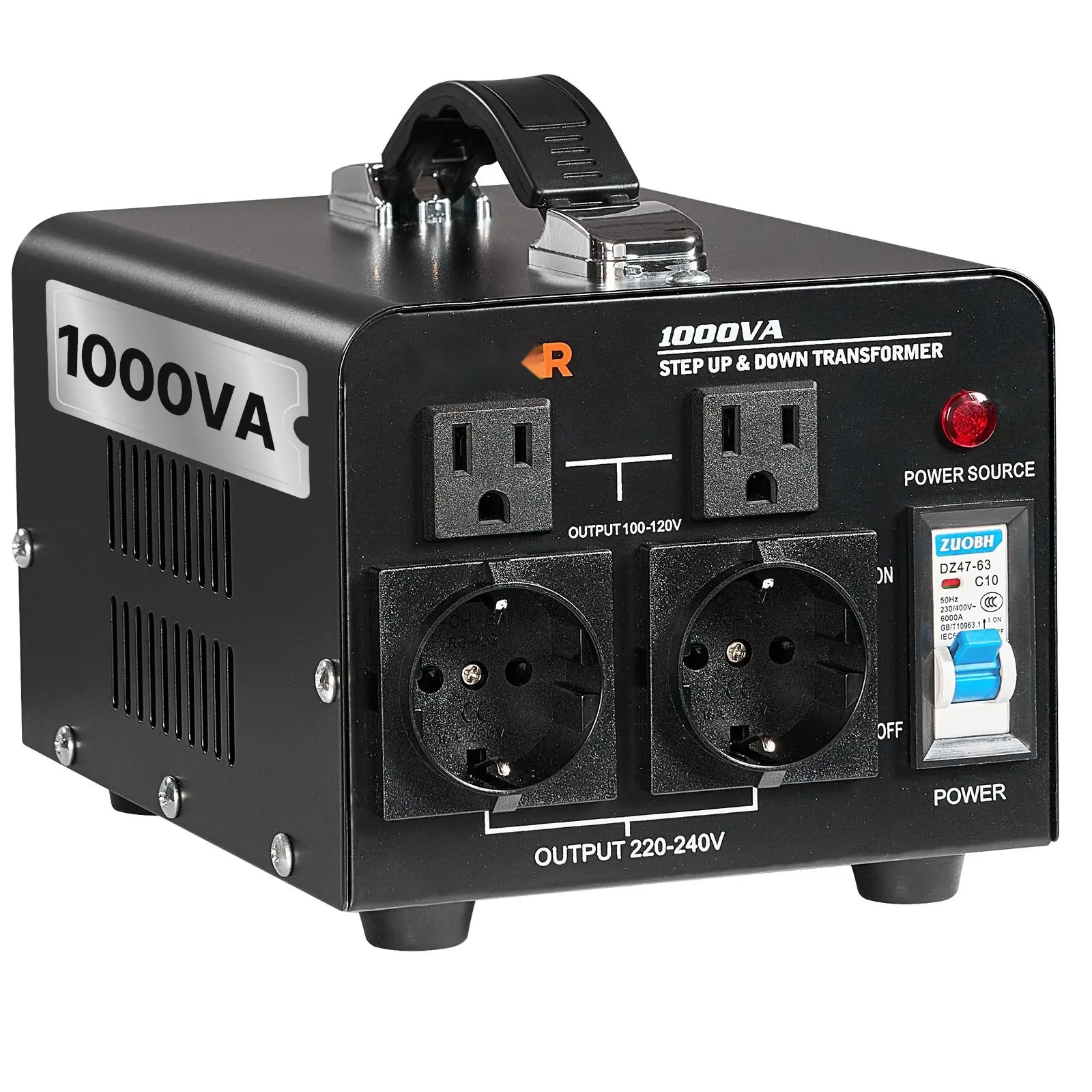 Voltage Converter Transformer 1000VA Step Up And Step Down 110V To 220V And 220V To 110V For Home Electronics, Appliances, Travel, And Power Tools - Heavy Duty Power Transformer With Safe Overload Protection And Compact Design