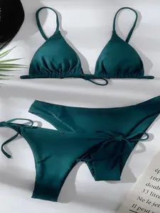 Ruotonsept Sexy Backless Bikini Set, Pure Color Women's Swimsuit Three-Piece Triangle Thong Swimwear, Brazilian Style Bikini Drawstring Swimsuit Set