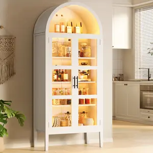 Modern Arched Kitchen Pantry Cabinet with LED Lights – Tempered Glass Doors, Adjustable Shelves, Acrylic Side Panels – 70" Tall Freestanding Storage Display for Dining Room, Living Room, or Kitchen, White