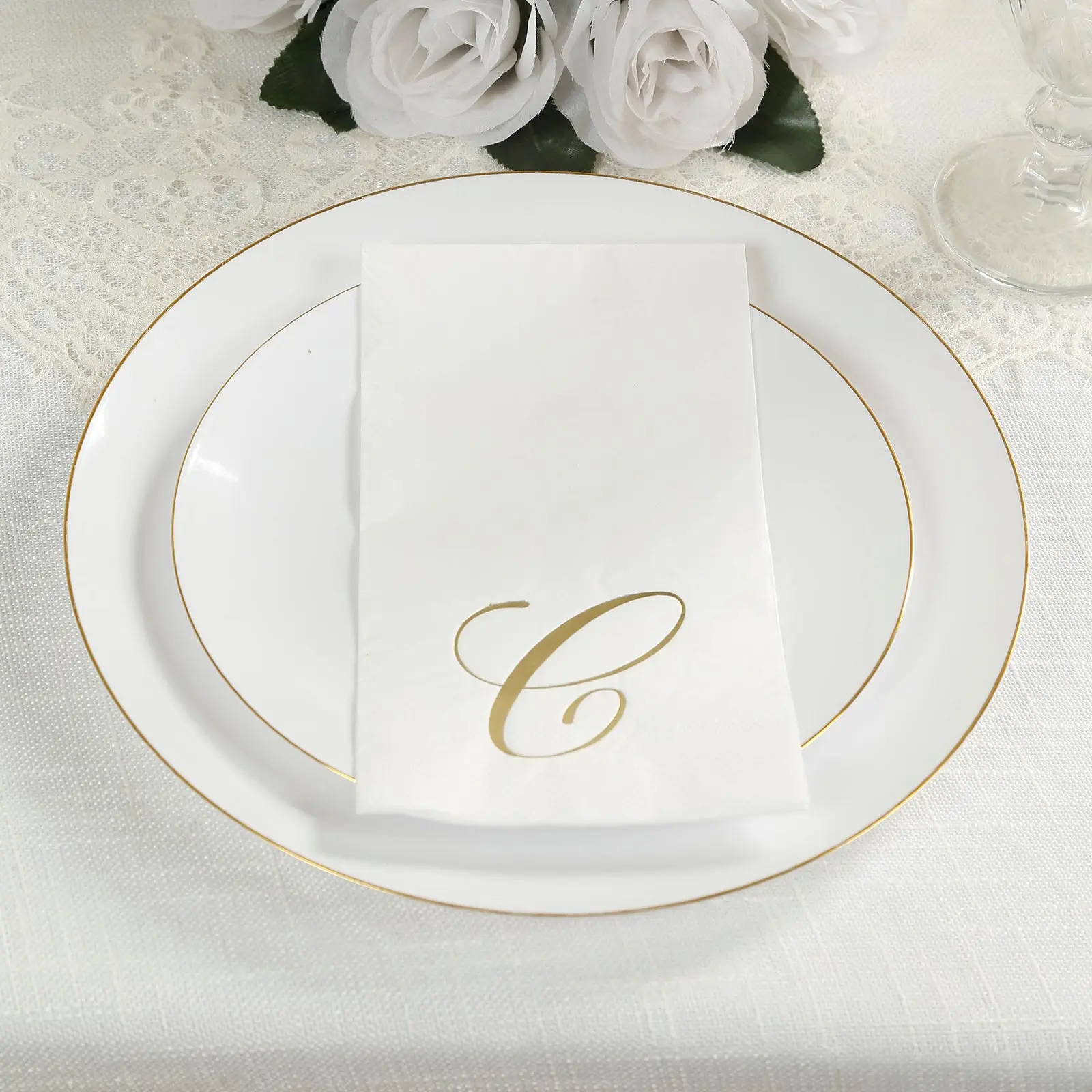Disposable Paper Dinner Napkins - 100 White with Gold Foil Monogram "C", 8x4 in Folded, Festive Party Supplies, Restaurant Tableware